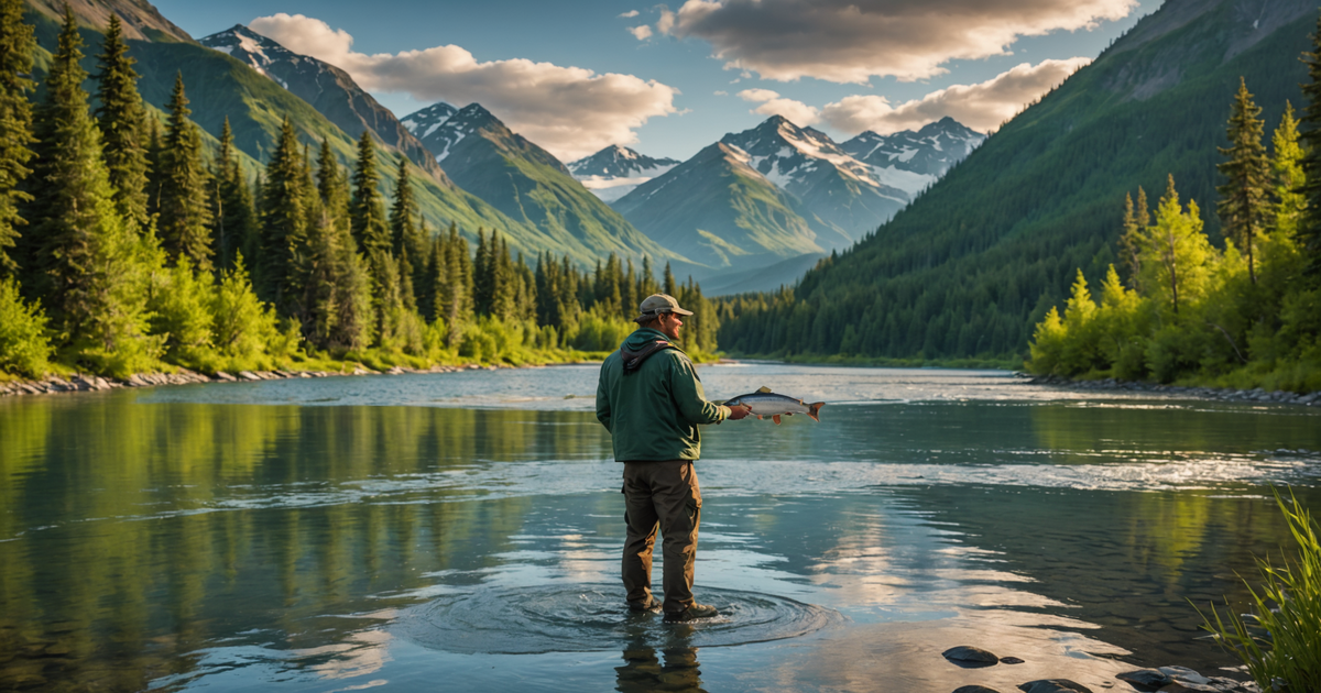 An angler holding a freshly caught salmon in a pristine Alaskan river, showcasing the beauty of fishing in Alaska.