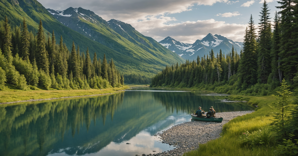 A serene Alaskan landscape showing a river with anglers practising catch-and-release, emphasising sustainable fishing practices.