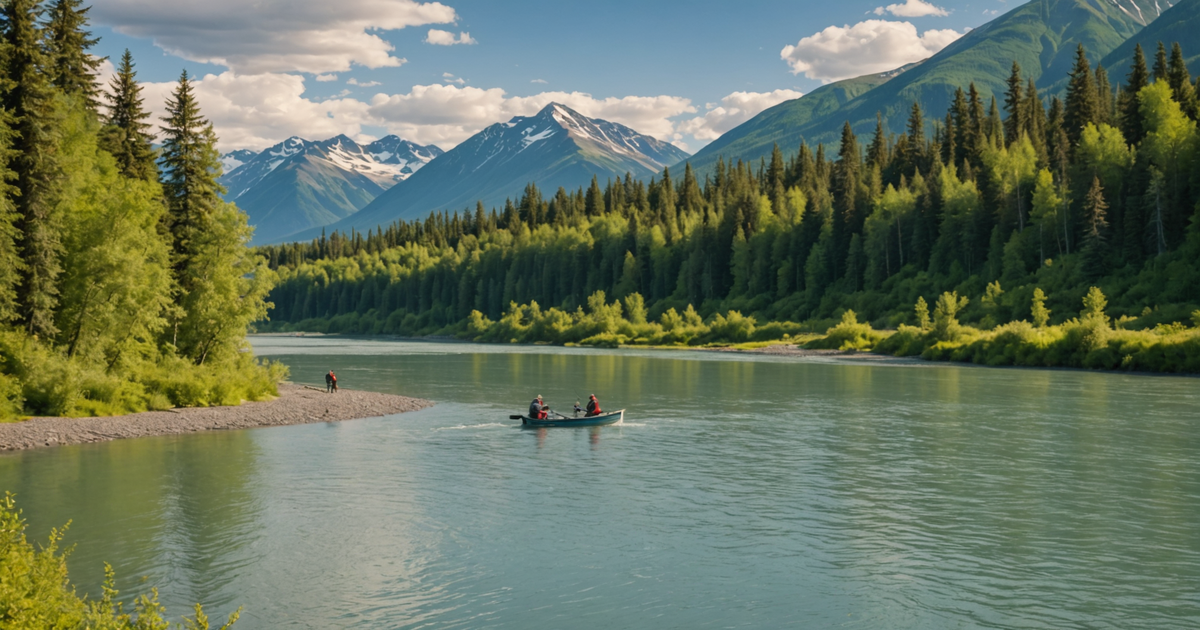 Scenic view of the Kenai River with anglers fishing for silver salmon