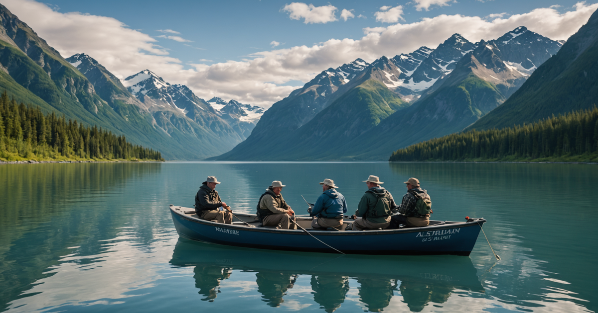 A guided fishing group on a boat with a backdrop of Alaskan mountains