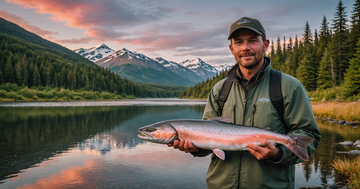 An angler with a freshly caught Coho salmon, showcasing the vibrant colours of the fish against the backdrop of the Alaskan wilderness.