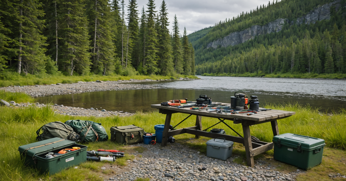 A selection of fishing gear laid out near a serene Alaskan river