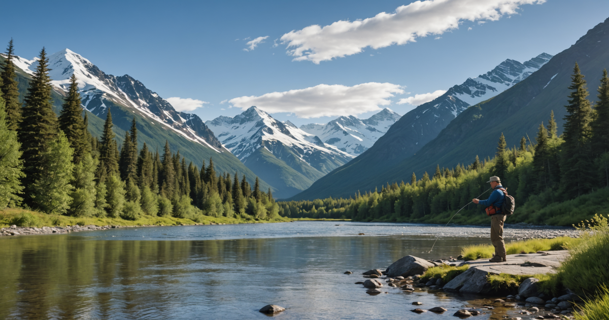 An angler casting a line in a picturesque Alaskan river with mountains in the background