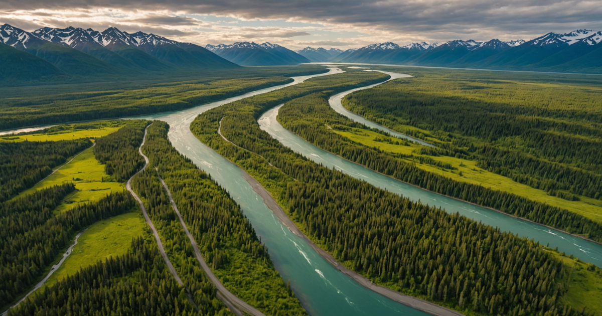 Aerial view of the Kenai River surrounded by lush greenery and mountains.