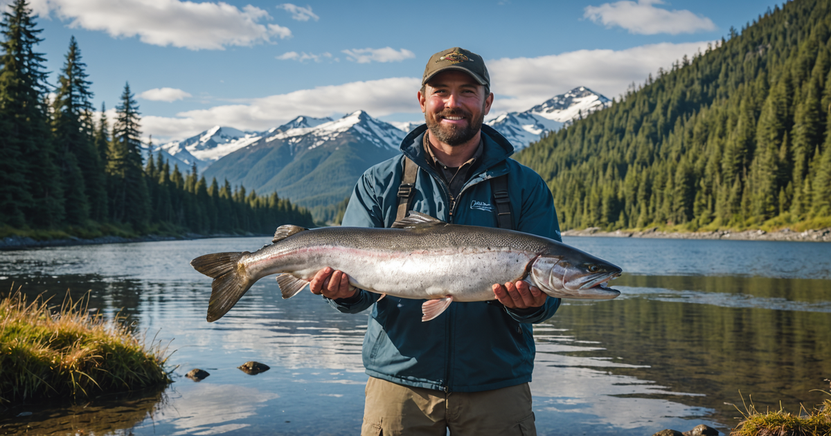 An angler triumphantly holding a large Coho Salmon against a backdrop of Alaskan wilderness.