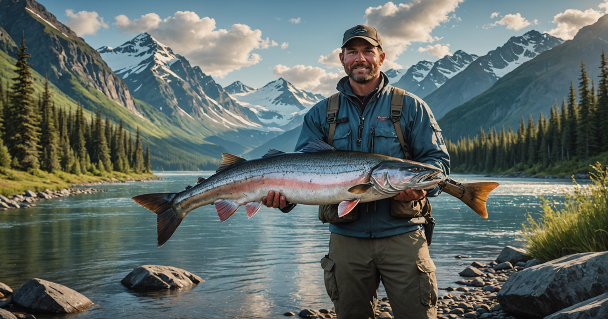 An angler holding a giant Chinook salmon in the Alaskan wilderness