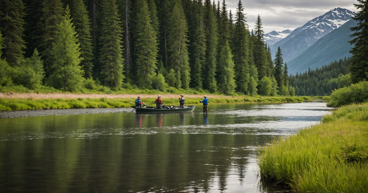 A serene Alaskan river with anglers fishing for salmon