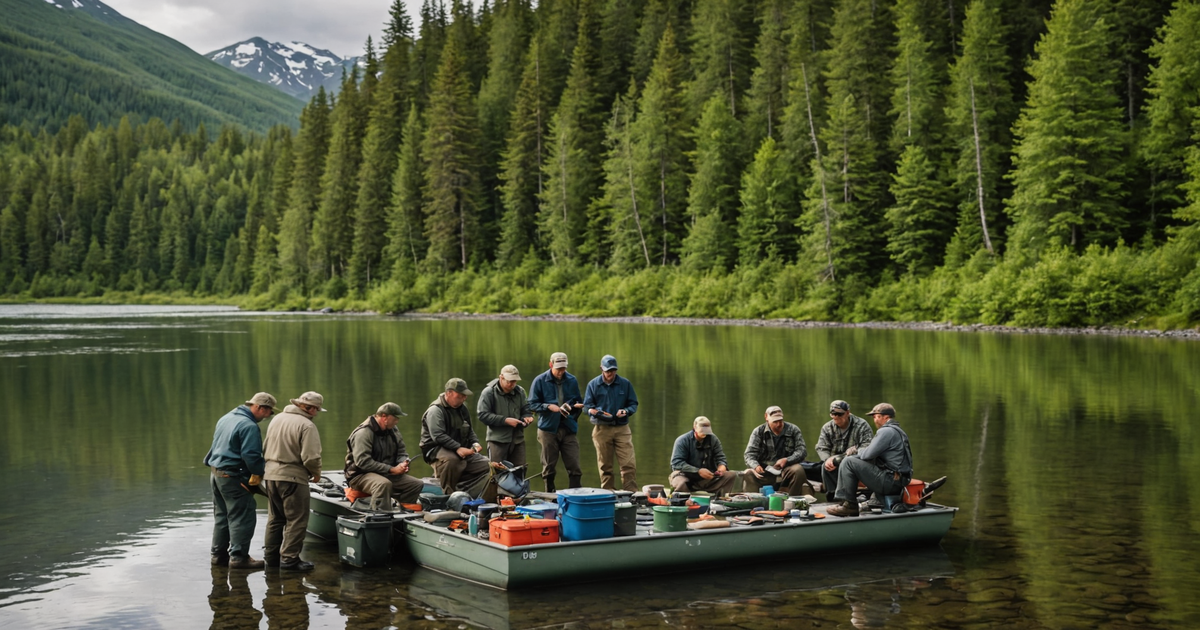 A group of anglers with a guide, preparing for a day of salmon fishing in Alaska.