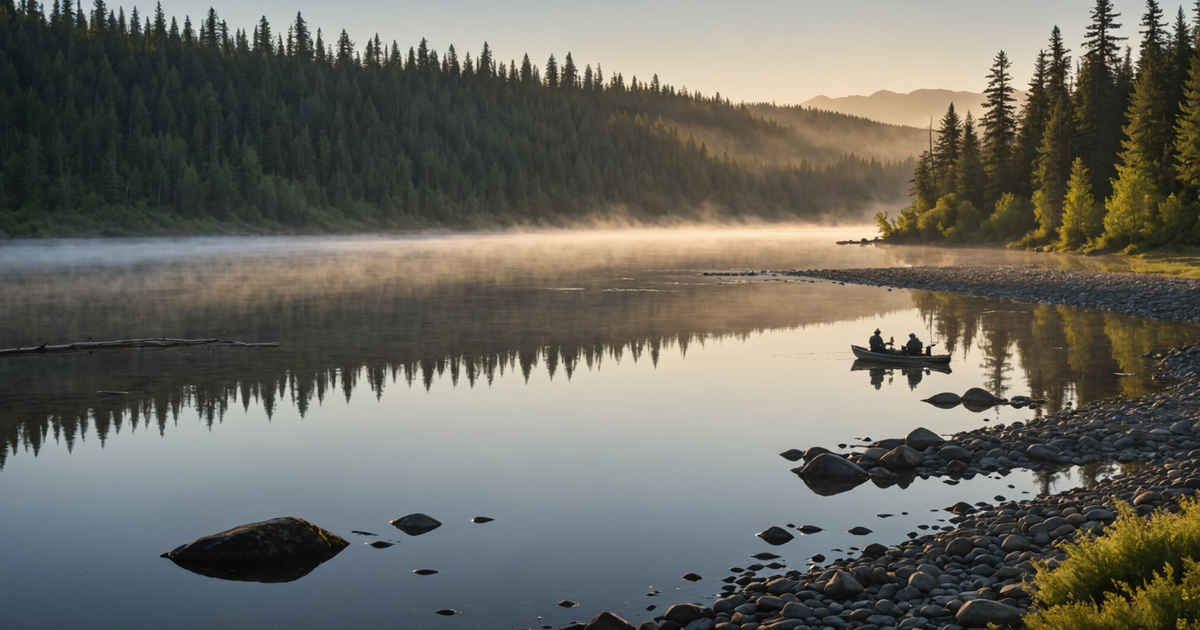 A scenic view of an Alaskan river at dawn, with anglers casting their lines.