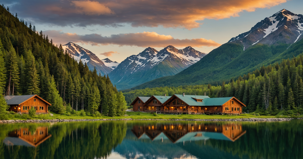 A picturesque Alaska fishing lodge surrounded by mountains and a serene lake.