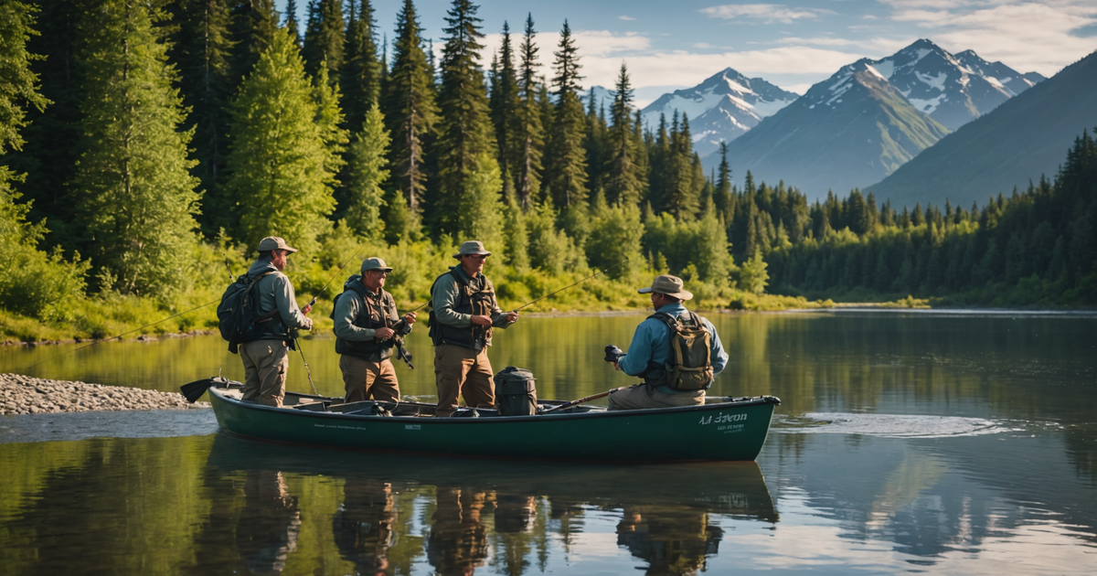 A group of anglers on a guided salmon fishing trip in Alaska.