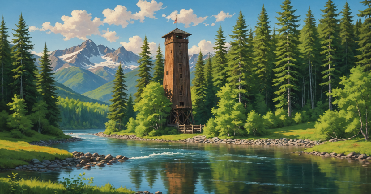 Illustration of a salmon counting tower in Alaska