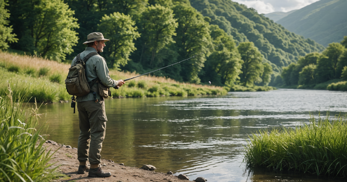 Image of an angler with salmon fishing gear on a riverbank