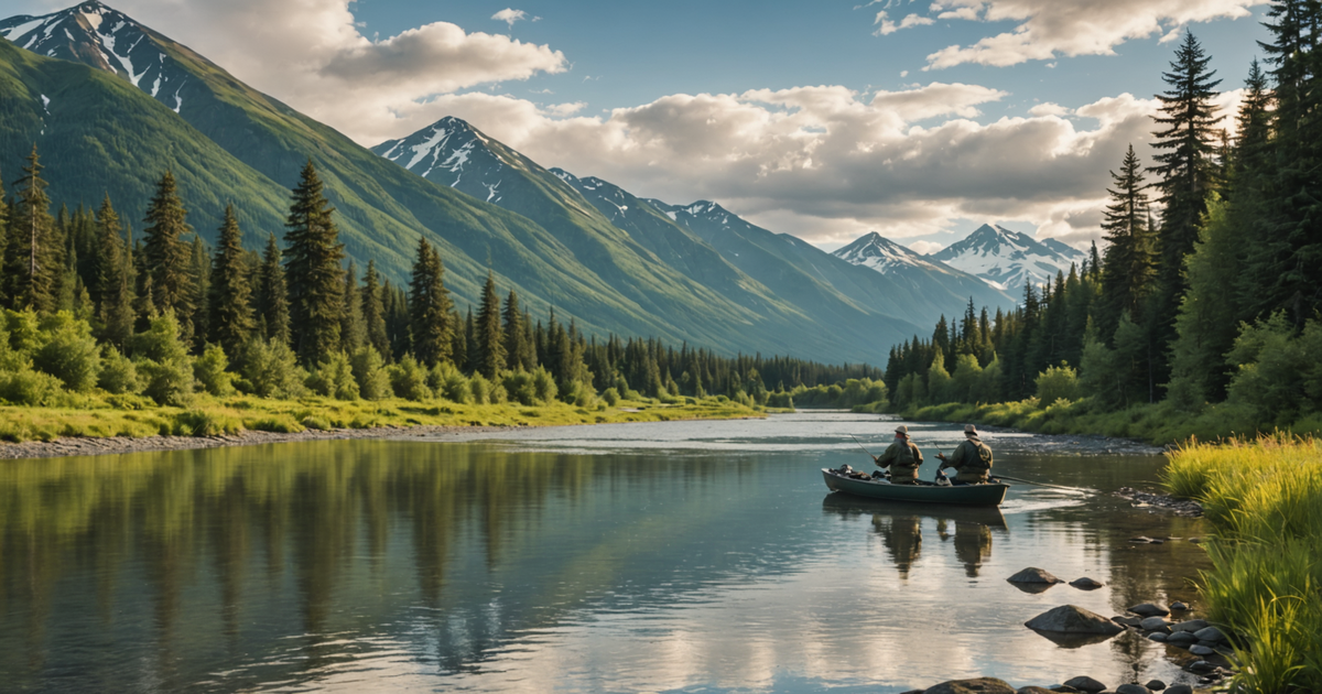 A scenic view of a popular Alaskan salmon fishing river with anglers in action.