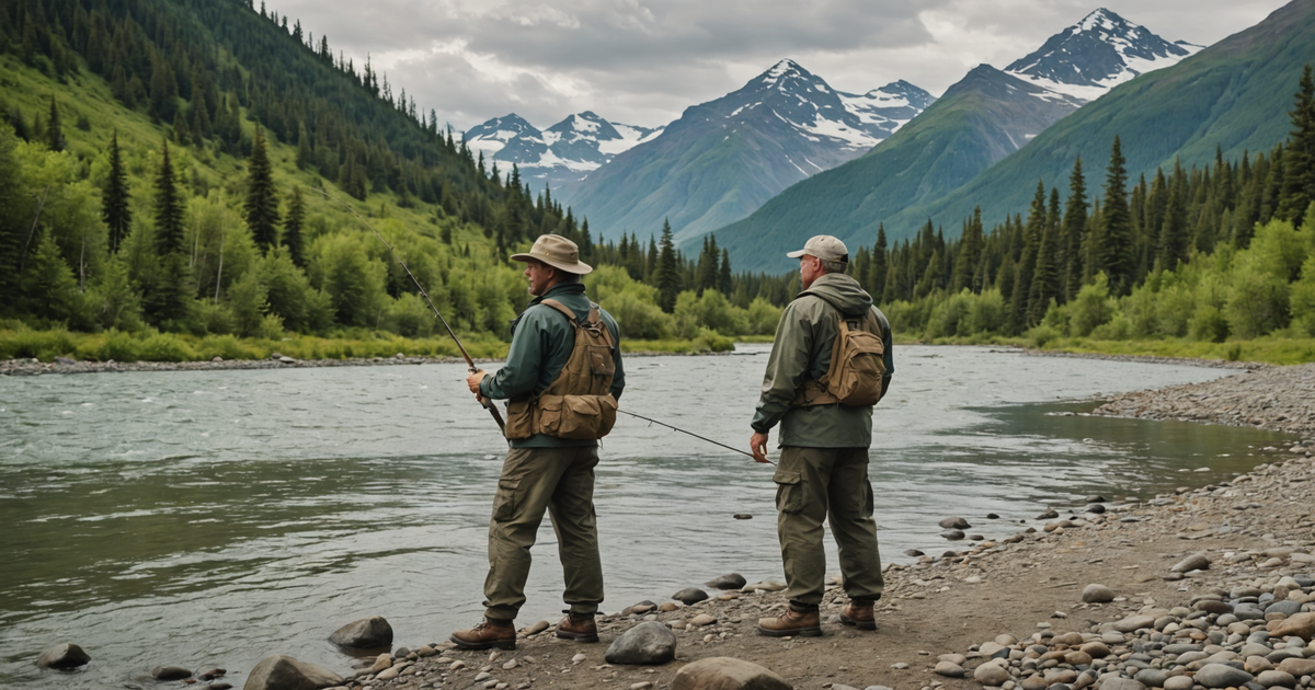 Experienced fishing guide assisting a group of anglers on an Alaskan river.