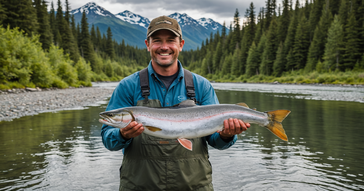 An angler proudly holding a King Salmon in an Alaskan river