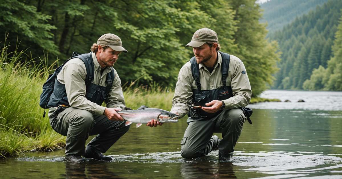 A guide assisting an angler with a coho salmon catch