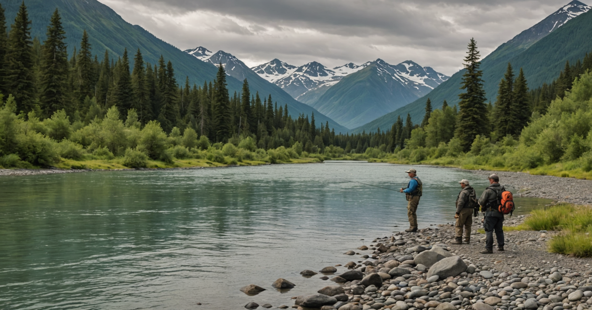 A picturesque Alaskan river with anglers fishing for coho salmon.