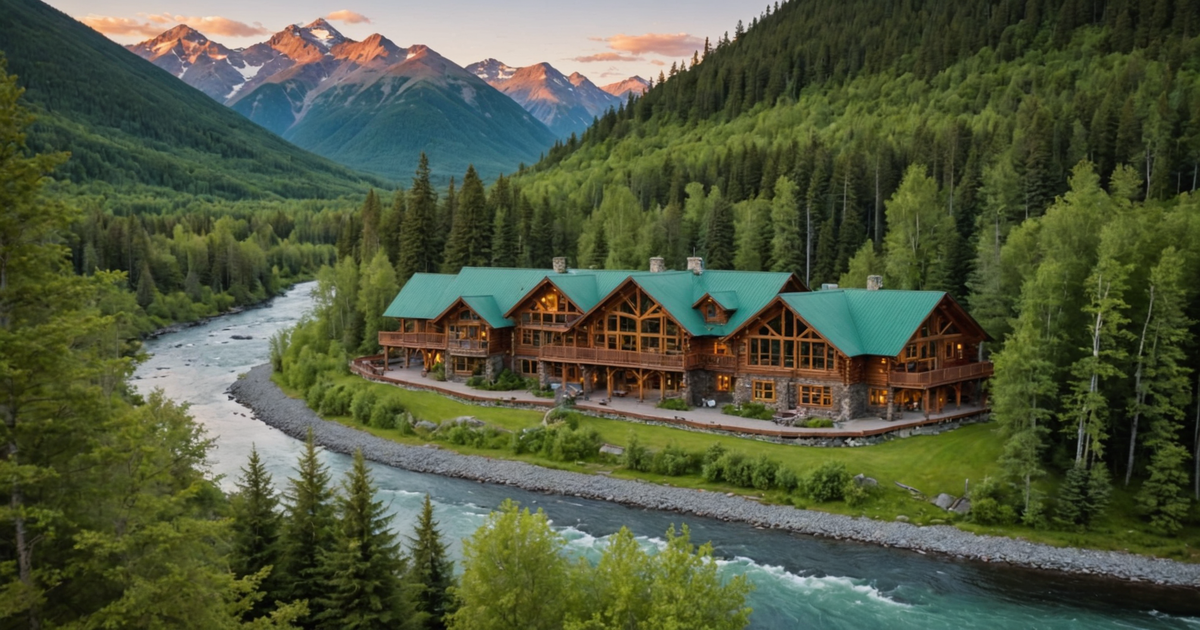 An aerial view of an Alaskan lodge by a river, surrounded by forested mountains.