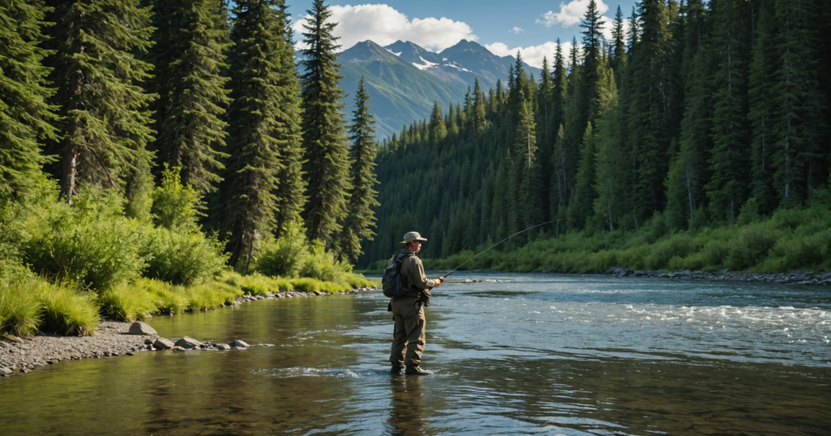 Angler casting a line into an Alaskan river, surrounded by lush wilderness.