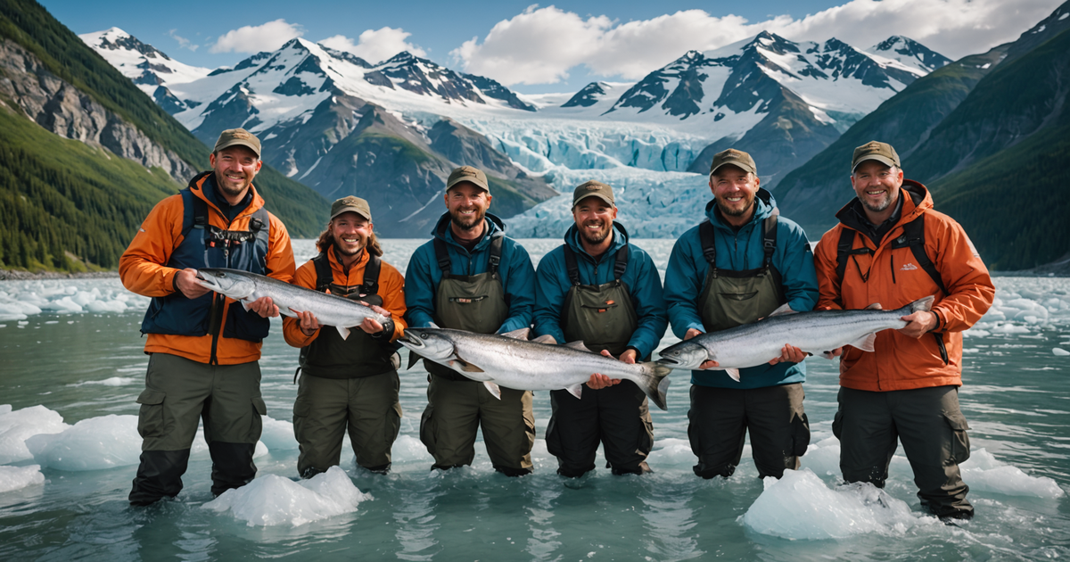 A group of anglers celebrating with a catch of king salmon against the backdrop of a majestic Alaskan glacier.