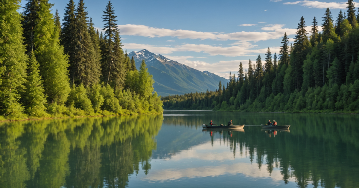 A scenic view of the Kenai River, with anglers casting lines into the water.