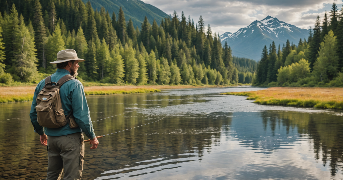 A fly fisherman casting his line on a serene Alaskan river