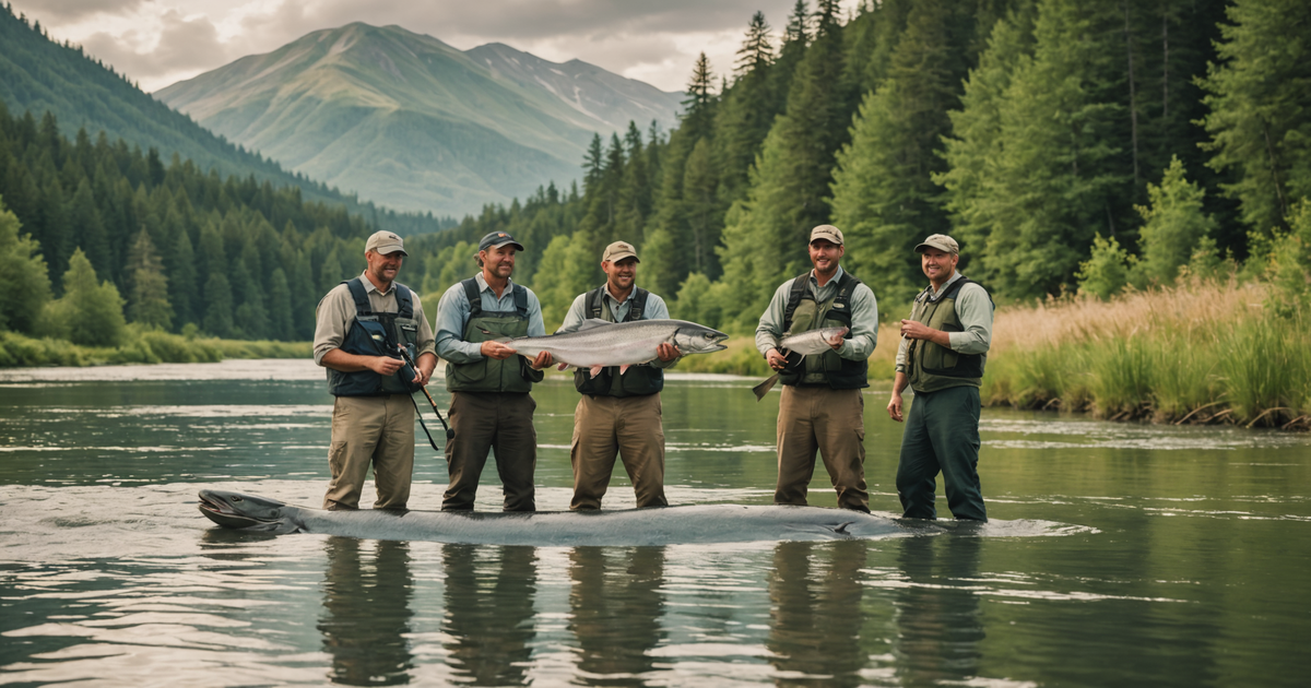 A group of anglers with a giant king salmon in a river