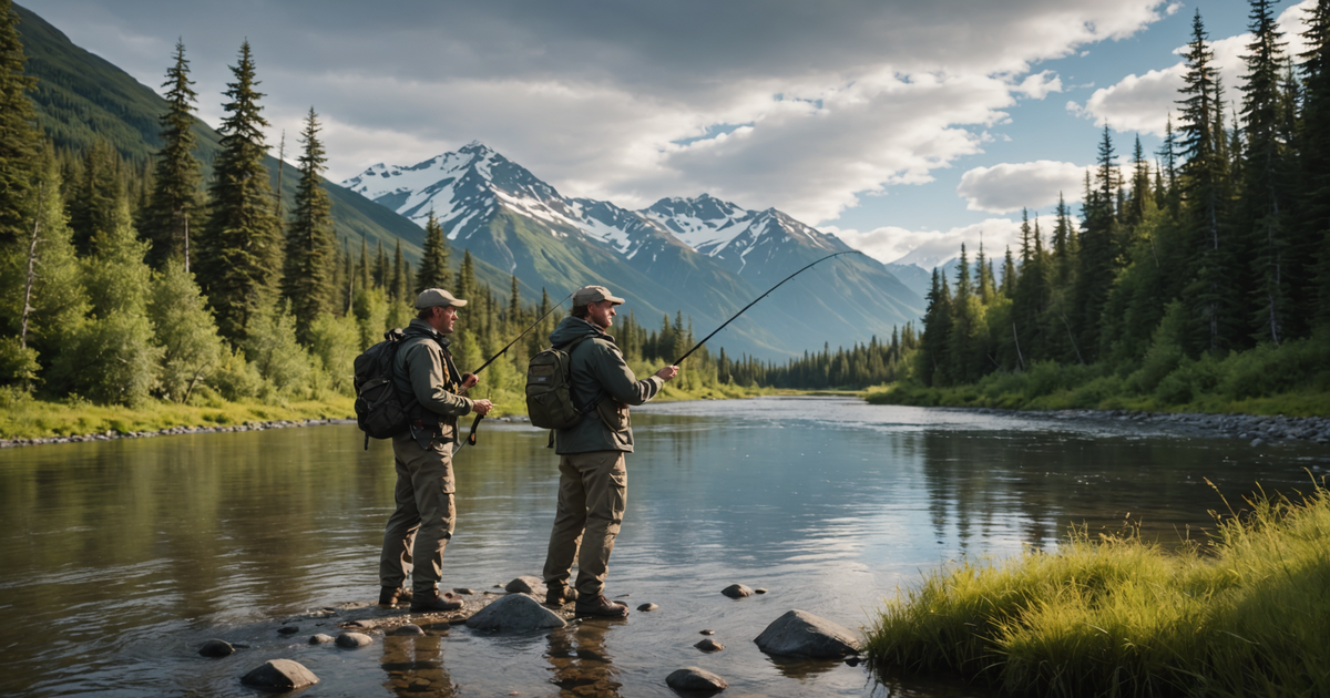 An Alaskan guide demonstrating fishing techniques on a riverbank