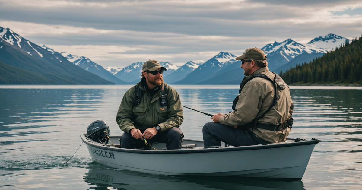 An angler with a guide on a fishing boat in Alaskan waters