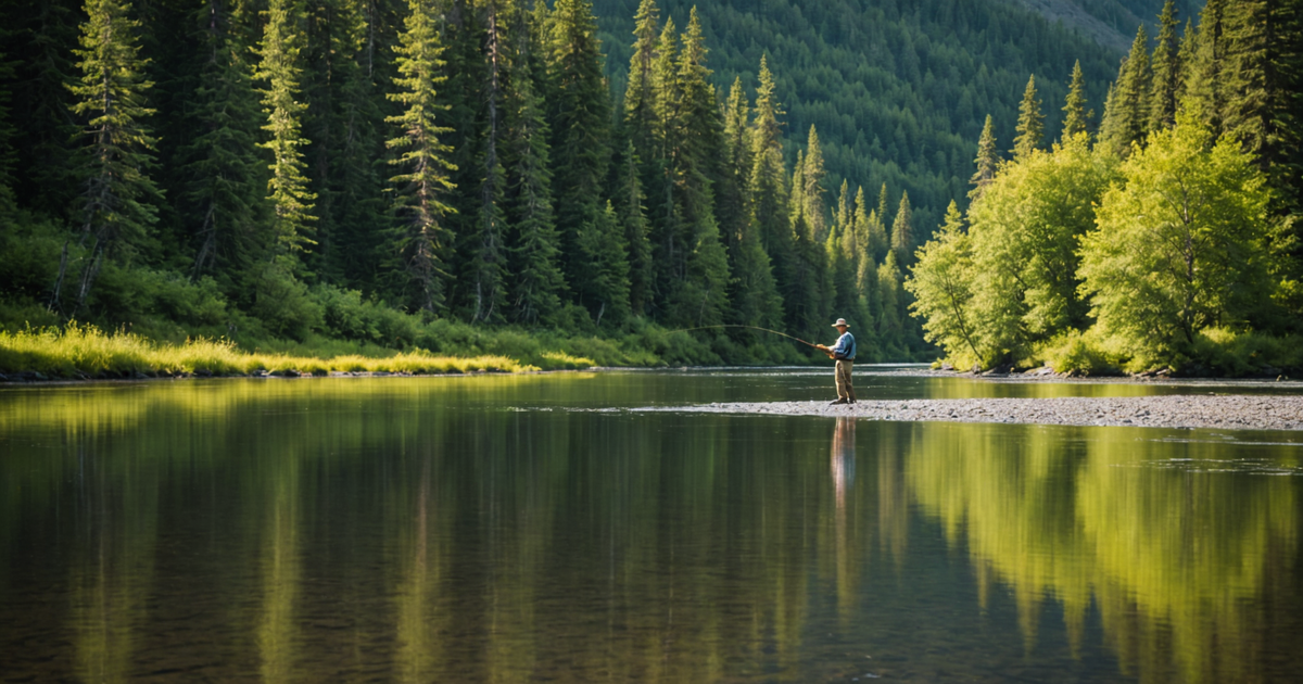 An angler casting a fly rod in a scenic Alaskan river, surrounded by lush greenery.