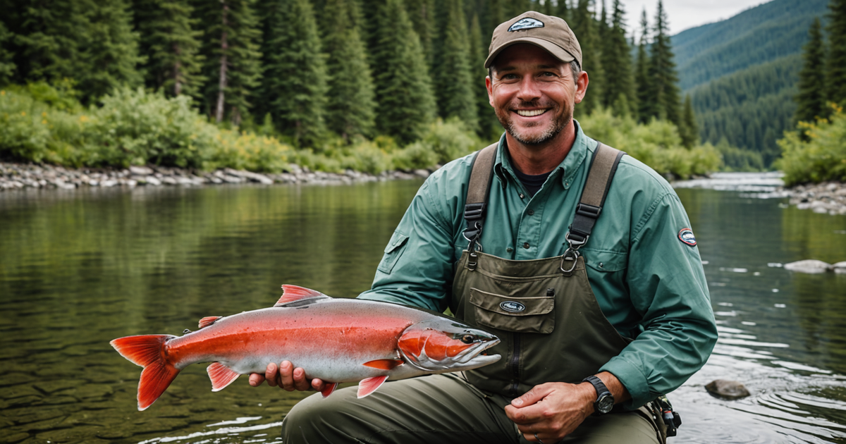 A fishing guide holding a released sockeye salmon in a river, showcasing sustainable fishing practices.