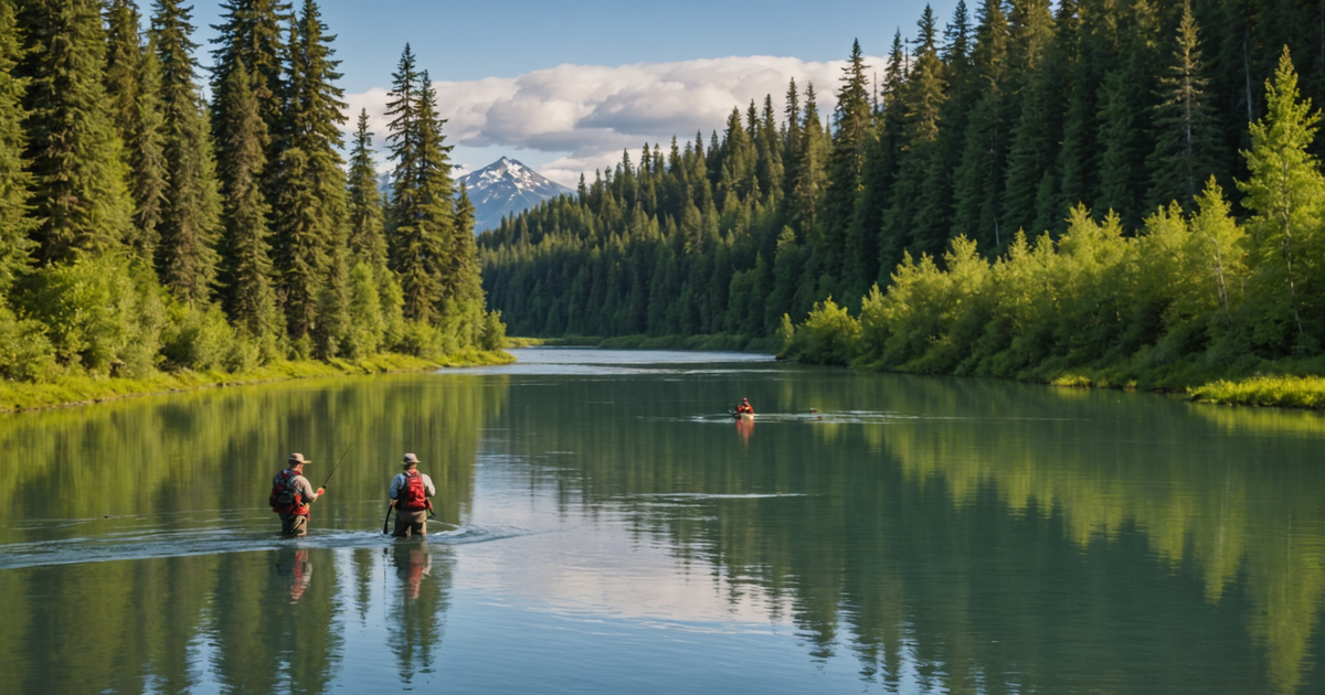 A scenic view of the Kenai River with anglers fishing for sockeye salmon
