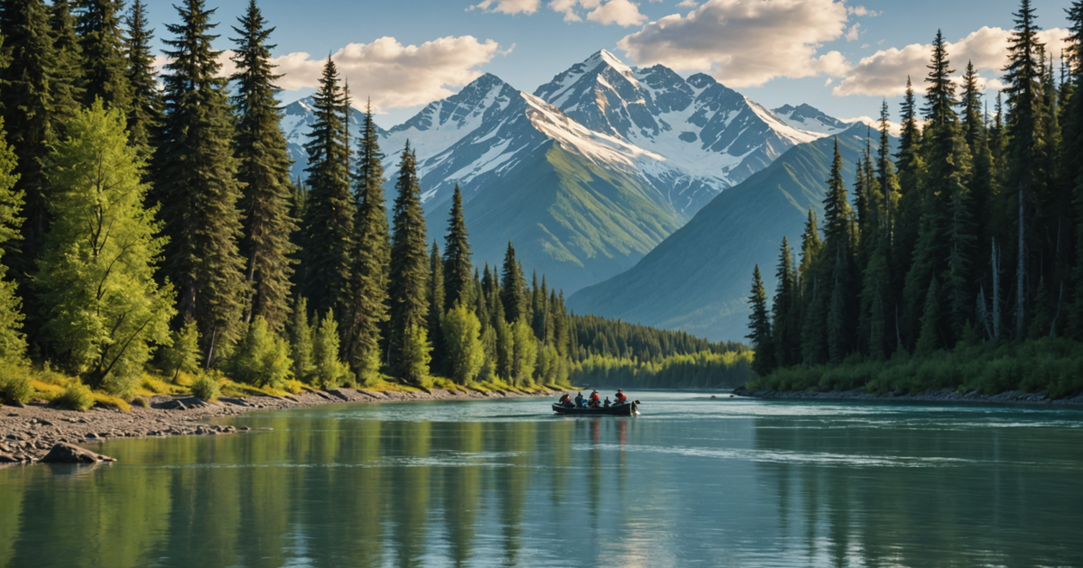 A group of anglers on the Kenai River with guides, surrounded by scenic Alaskan wilderness.
