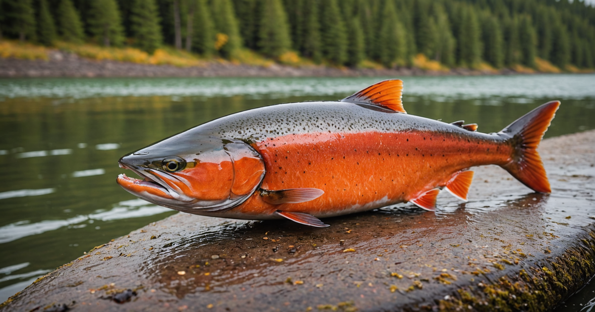 Close-up of a freshly caught red salmon on the Kenai River, showcasing its vibrant colour.