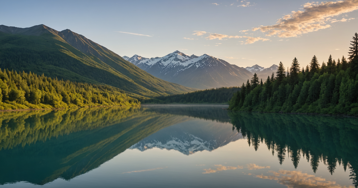 A panoramic view of the Kenai River at dawn, with salmon swimming upstream.