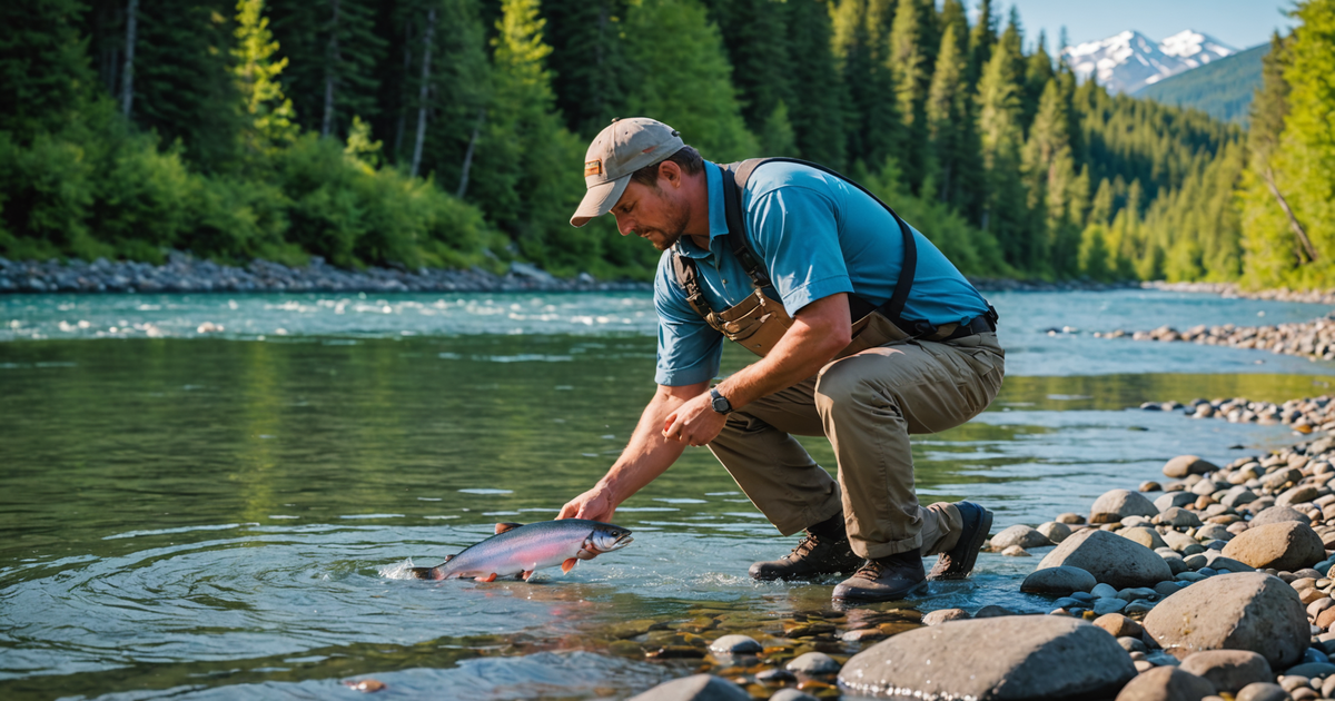 An angler releasing a caught salmon back into the Kenai River, showcasing responsible fishing practices.