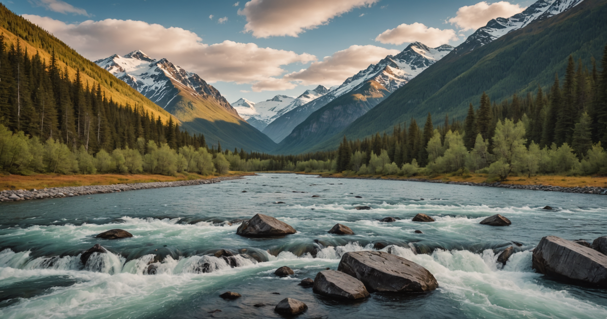 A breathtaking view of an Alaskan river teeming with salmon, with mountains in the background.