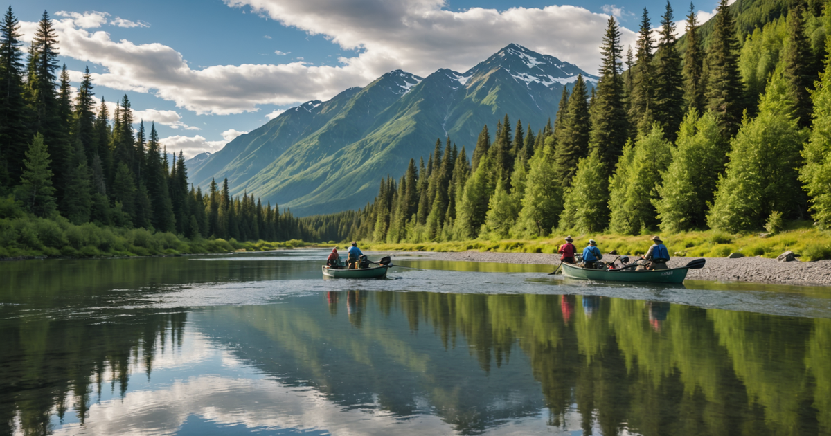 A group of anglers practicing catch and release on a scenic Alaskan river.