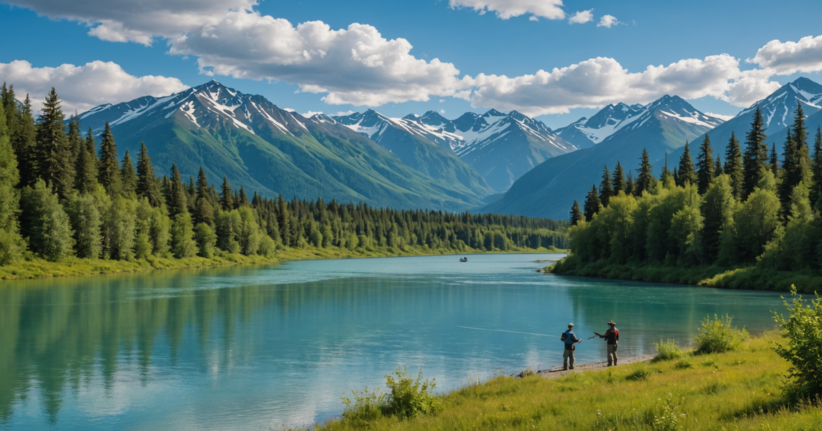 A picturesque view of the Kenai River with anglers fishing