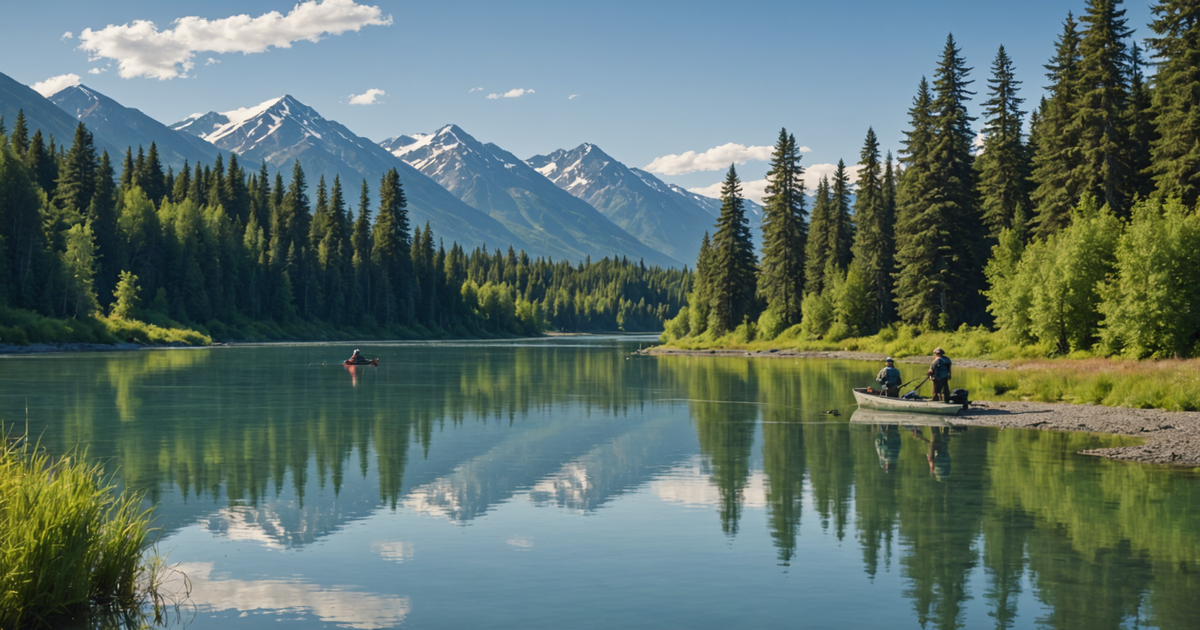 Anglers equipped with fishing gear standing in the Kenai River