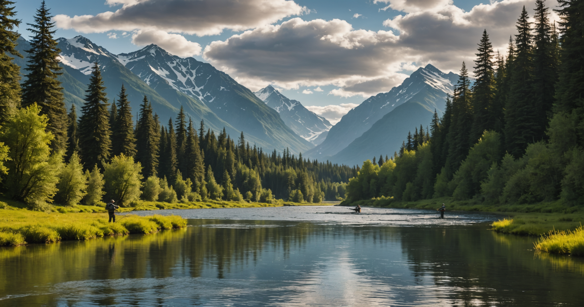 A pristine Alaskan river with anglers fly fishing for red salmon