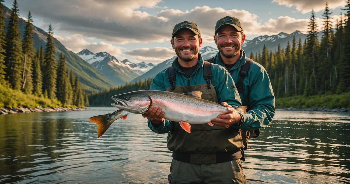 A happy angler holding a freshly caught red salmon with the Alaskan wilderness in the background