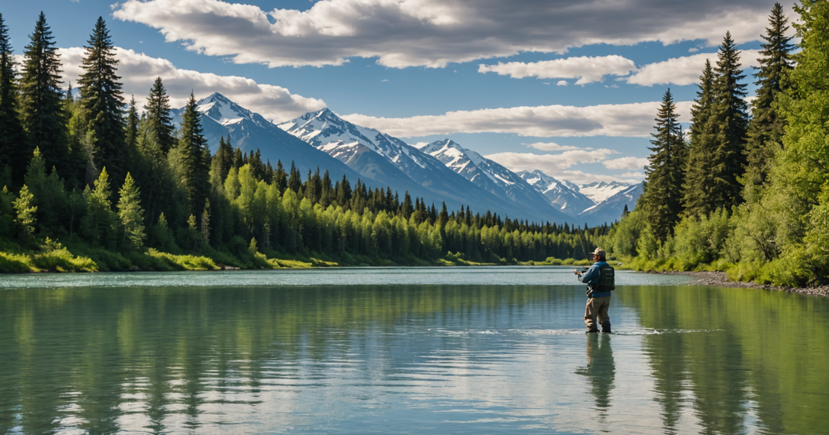 An angler fishing in the Kenai River with a stunning backdrop of snow-capped mountains.