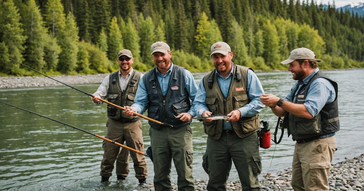 A professional fishing guide assisting a group of anglers on the Kenai River, with a salmon catch.
