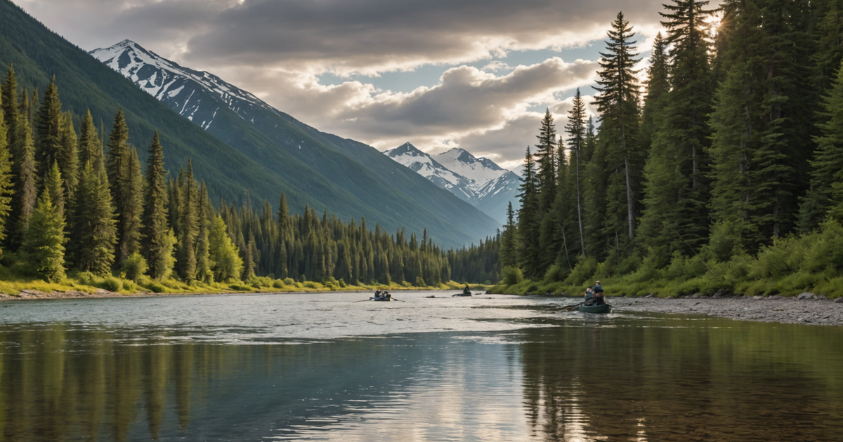 Anglers fishing in a picturesque Alaskan river, surrounded by mountains and forest in the background