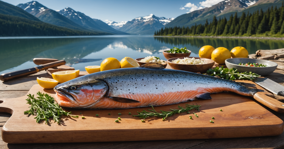 A freshly caught salmon being prepared for cooking next to a picturesque Alaskan landscape
