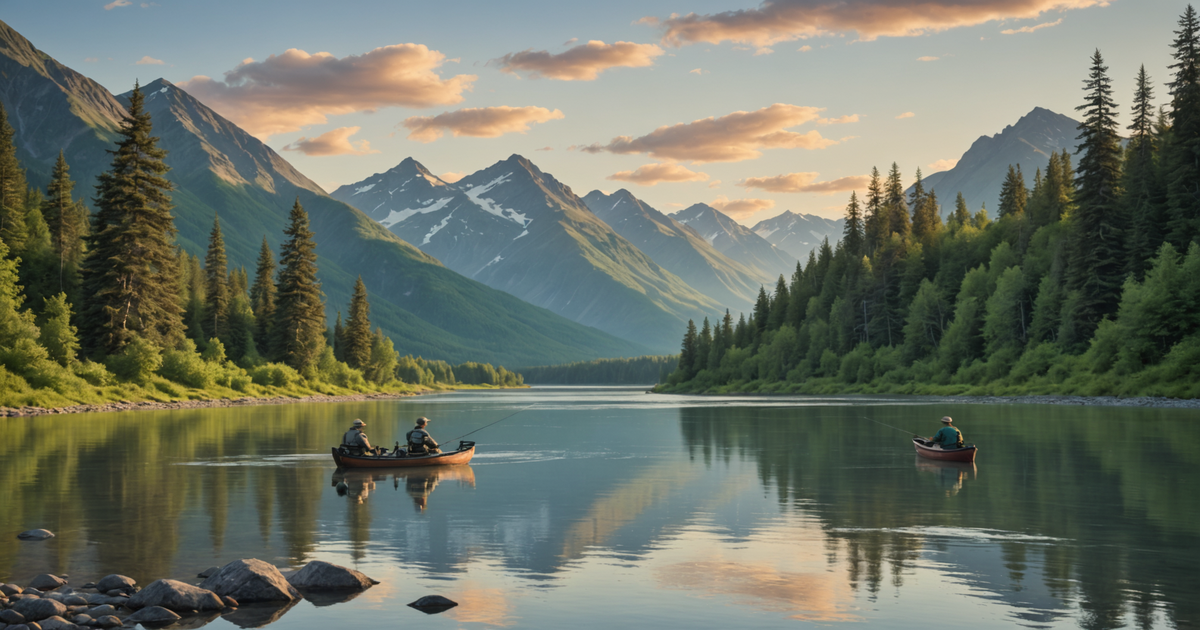 Scenic view of an Alaskan river with a guide and anglers fishing