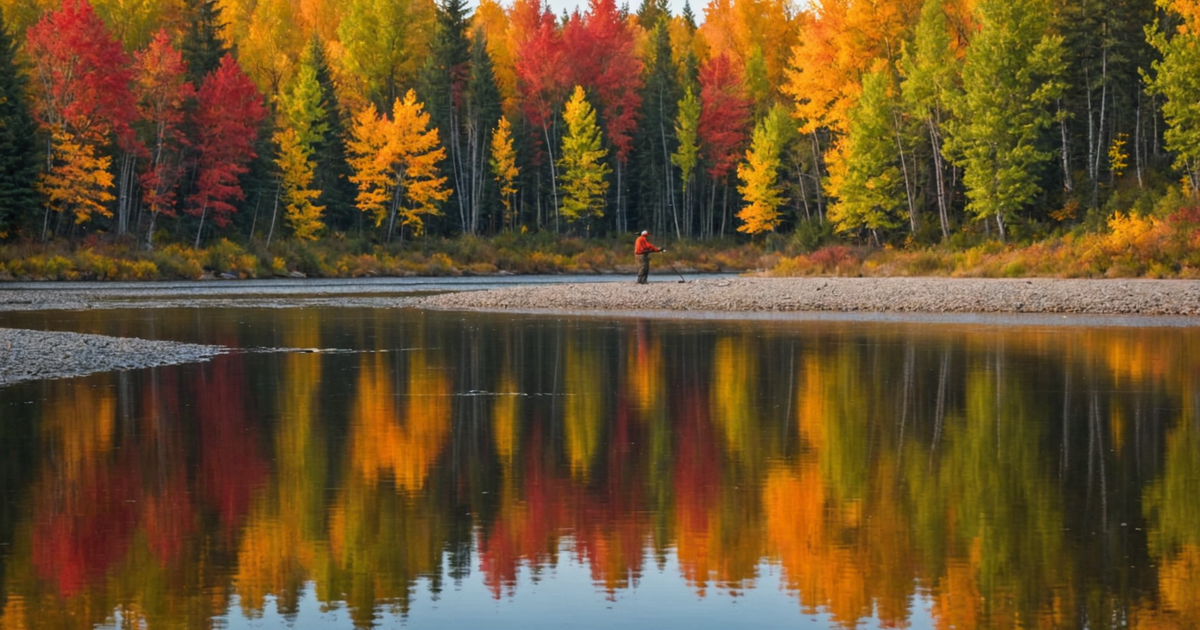 A fisherman casting a line on the Chena River with autumn foliage in the background