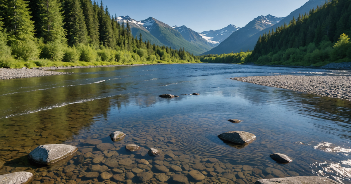 A scenic view of an Alaskan river with salmon jumping